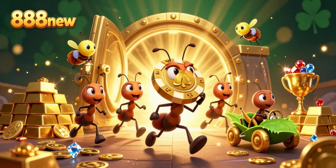 Catch the excitement of 888new with a 3D heist illustration featuring ants, poker chips, and treasure.