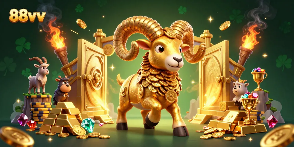 Engage with 88vv's vibrant 3D casino scene featuring a golden ram charging through a treasure vault.