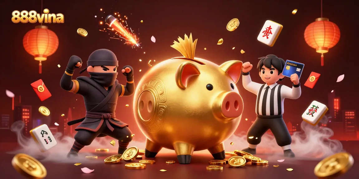 Join the action at 888vina with a dynamic casino scene featuring a golden piggy bank sumo wrestler and lively game elements.
