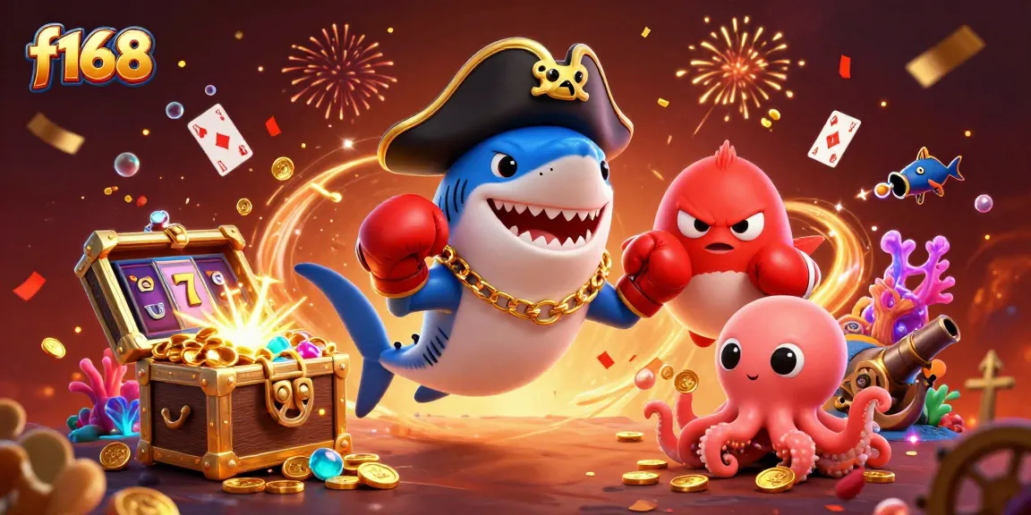 Experience thrilling wins at f168 with a vibrant 3D casino illustration showcasing a shark, pufferfish, and octopus.