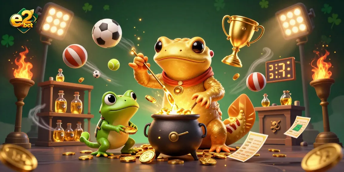 Engage with e2bet's dynamic gaming scene featuring alchemists and sports elements in a vibrant casino setting.