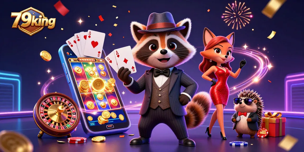 Experience the thrill of gambling with 79king in a vibrant casino illustration featuring raccoons, foxes, and hedgehogs.