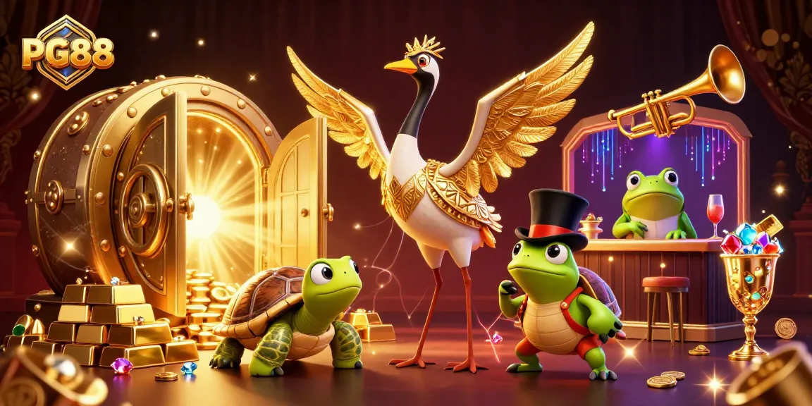Engage in the thrilling atmosphere of PG88 with vibrant 3D characters showcasing casino excitement and golden treasures.