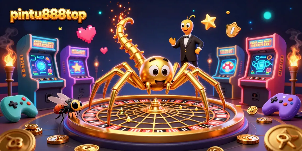 Experience excitement at pintu888top with a vibrant 3D gambling scene illustrated.