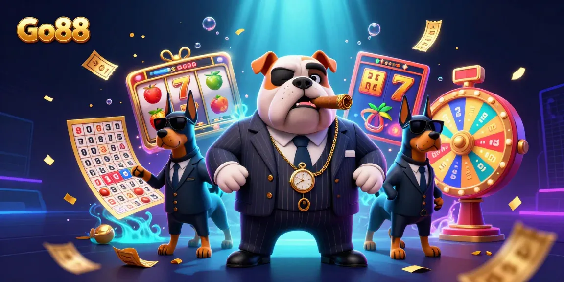 Engage in the exciting Go88 experience with dynamic slot elements surrounding a mafia boss bulldog character.