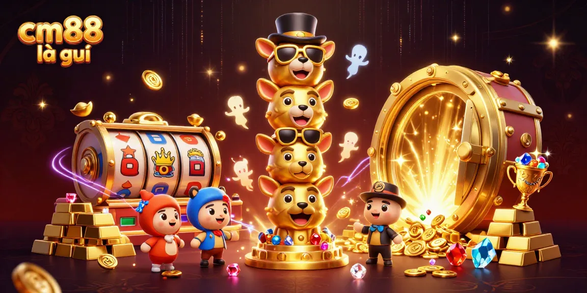 Engage with cm88 là gì, featuring vibrant slot reels and a gold totem pole amidst dazzling casino treasures.