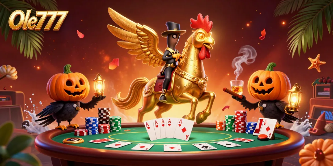 Experience thrilling poker action at Ole777 with a golden rooster leading the game amidst vibrant casino elements.