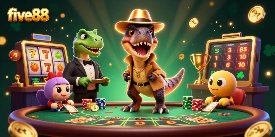 Experience thrilling action at five88 with a velociraptor card counter in a vibrant casino scene.