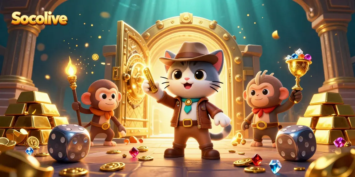 Socolive showcases an adventurous cat and monkey exploring a treasure-filled casino temple.