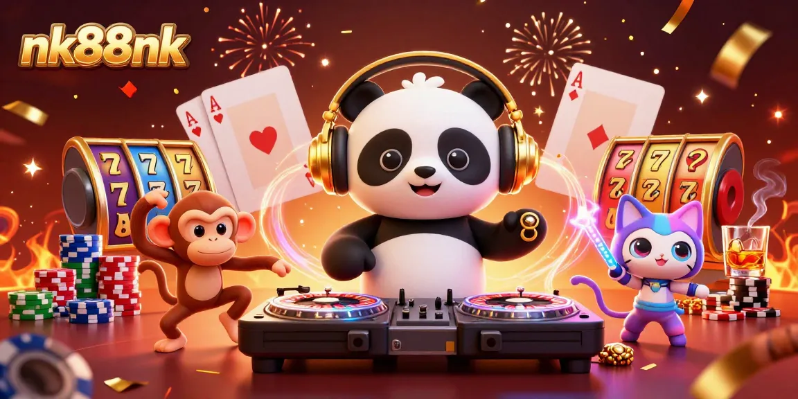 Engage in exciting slots and casino games at nk88nk with vibrant cartoon characters, poker chips, and festive atmosphere.