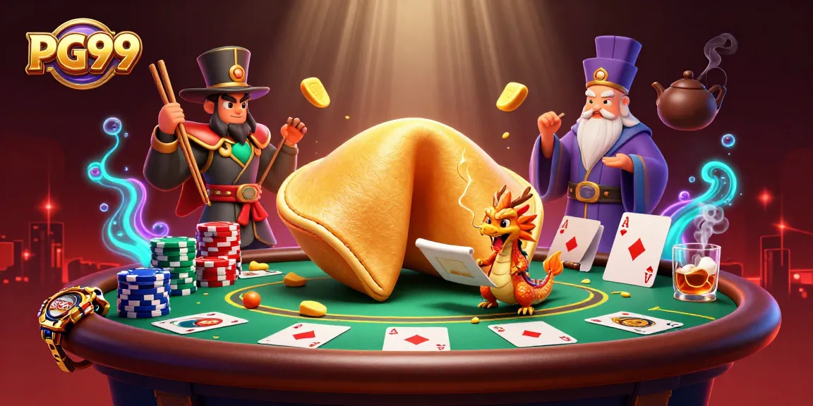 Experience PG99 with a lively 3D casino scene featuring fortune cookie magic and poker action.