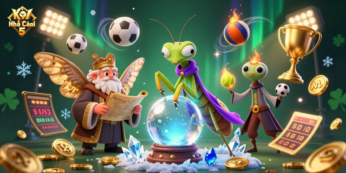 Kèo Nhà Cái 5 showcases a mystical scene with a fortune teller and sports elements, embodying gaming excitement.
