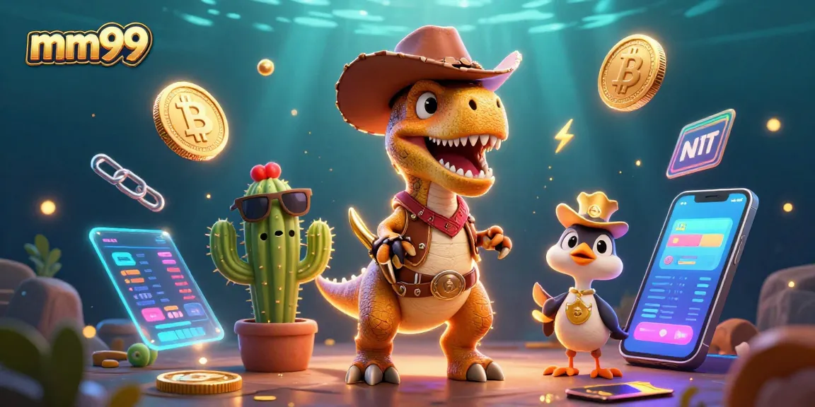 Join the fun at mm99 with a vibrant casino scene featuring exciting characters and glowing crypto elements.