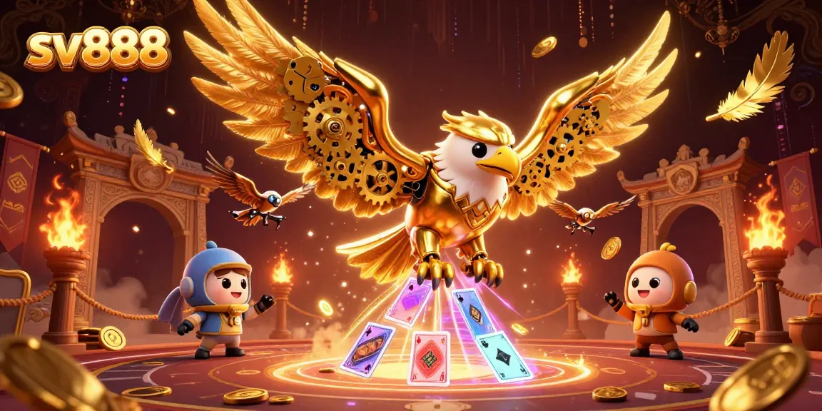 Engage in thrilling gameplay with sv888's golden eagle and a cascade of holographic cards.